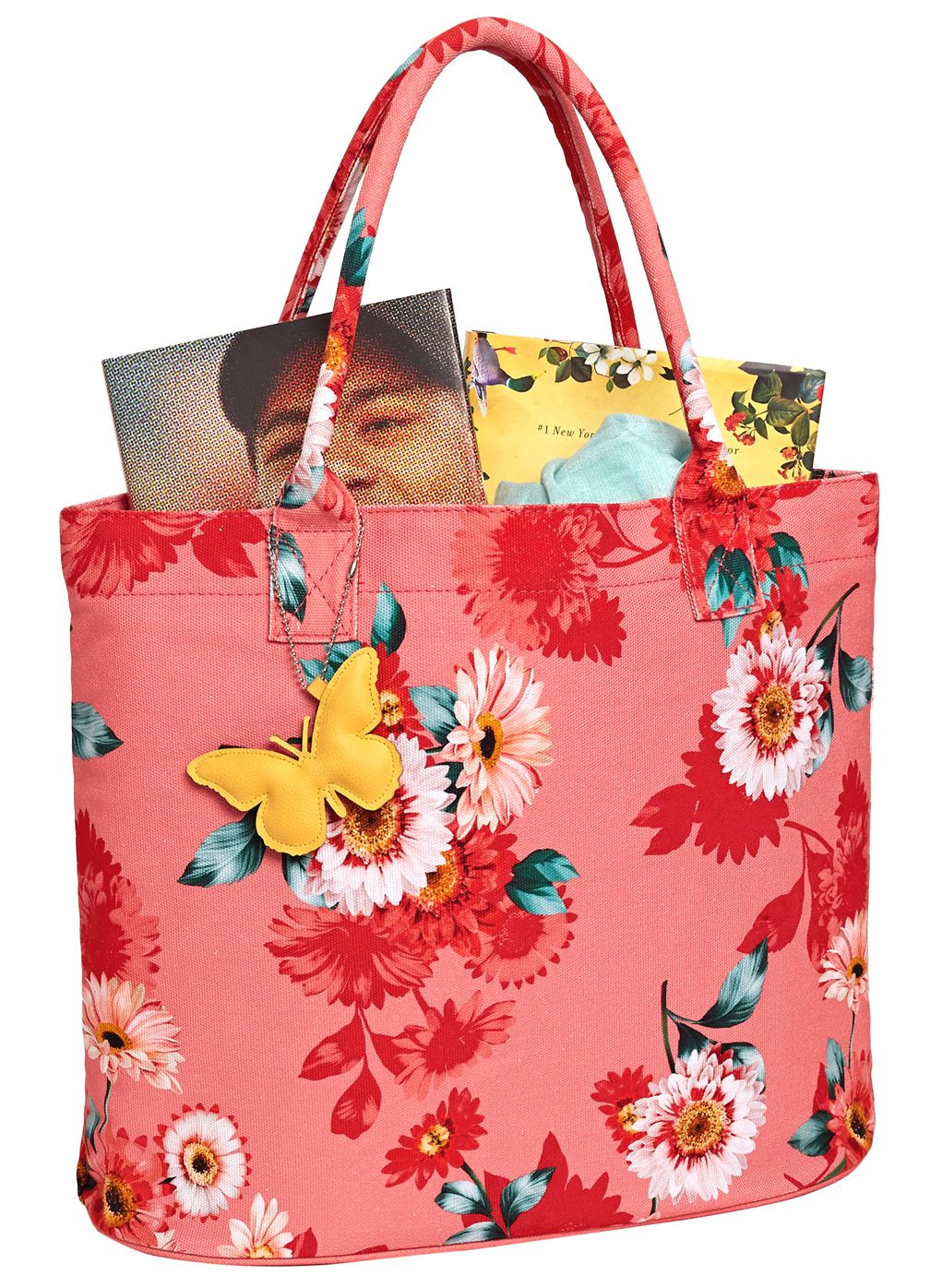 Spring Floral Gerber Daisy Bright Coral Canvas Tote (15.75" x7"x13.75")