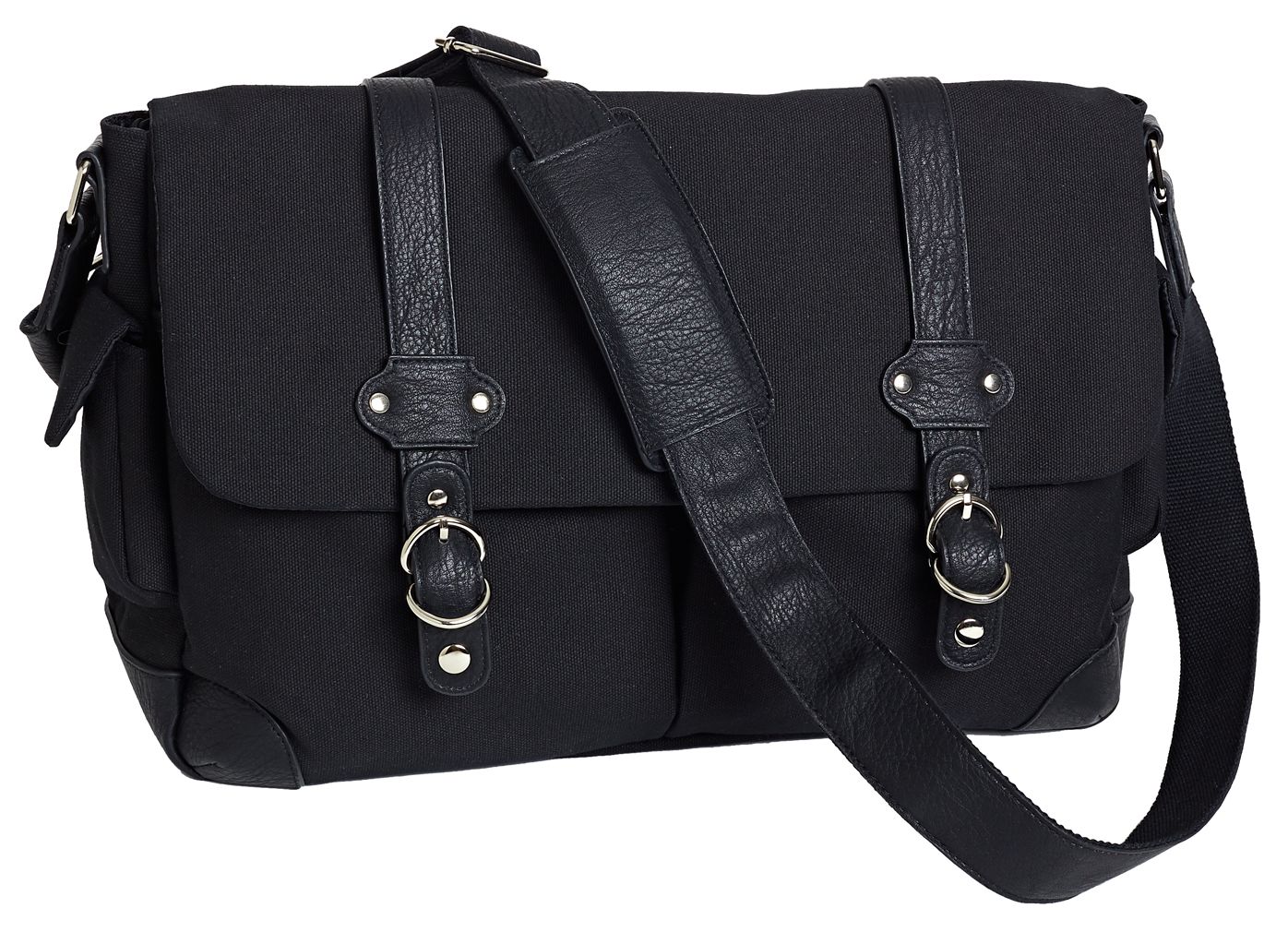 Douglass Black Canvas Messenger Bag with Faux Leather Trim(16"x11"x7")