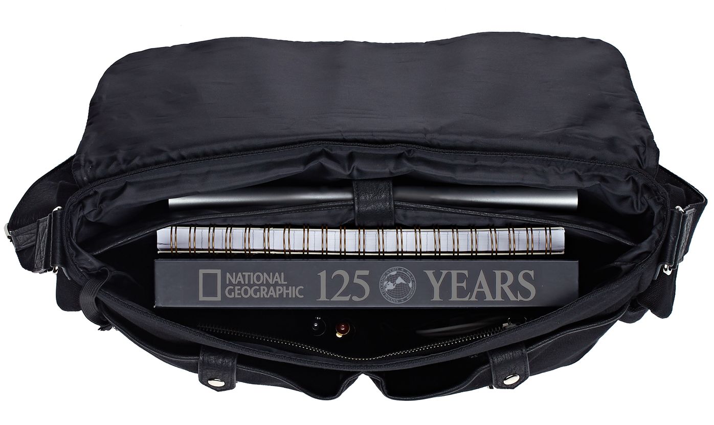 Douglass Black Canvas Messenger Bag with Faux Leather Trim(16"x11"x7")