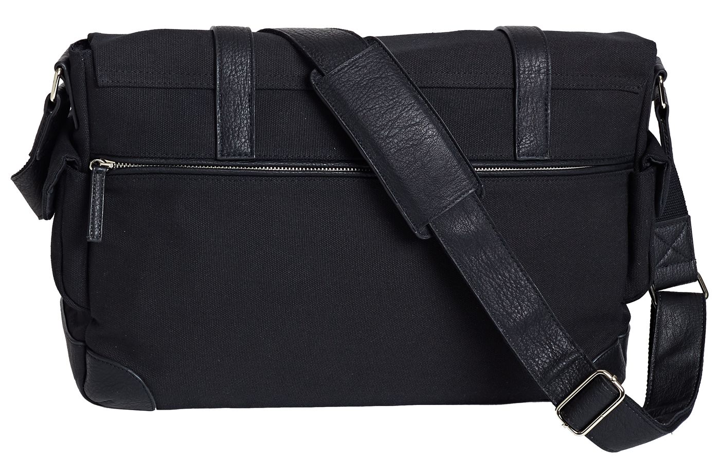 Douglass Black Canvas Messenger Bag with Faux Leather Trim(16"x11"x7")
