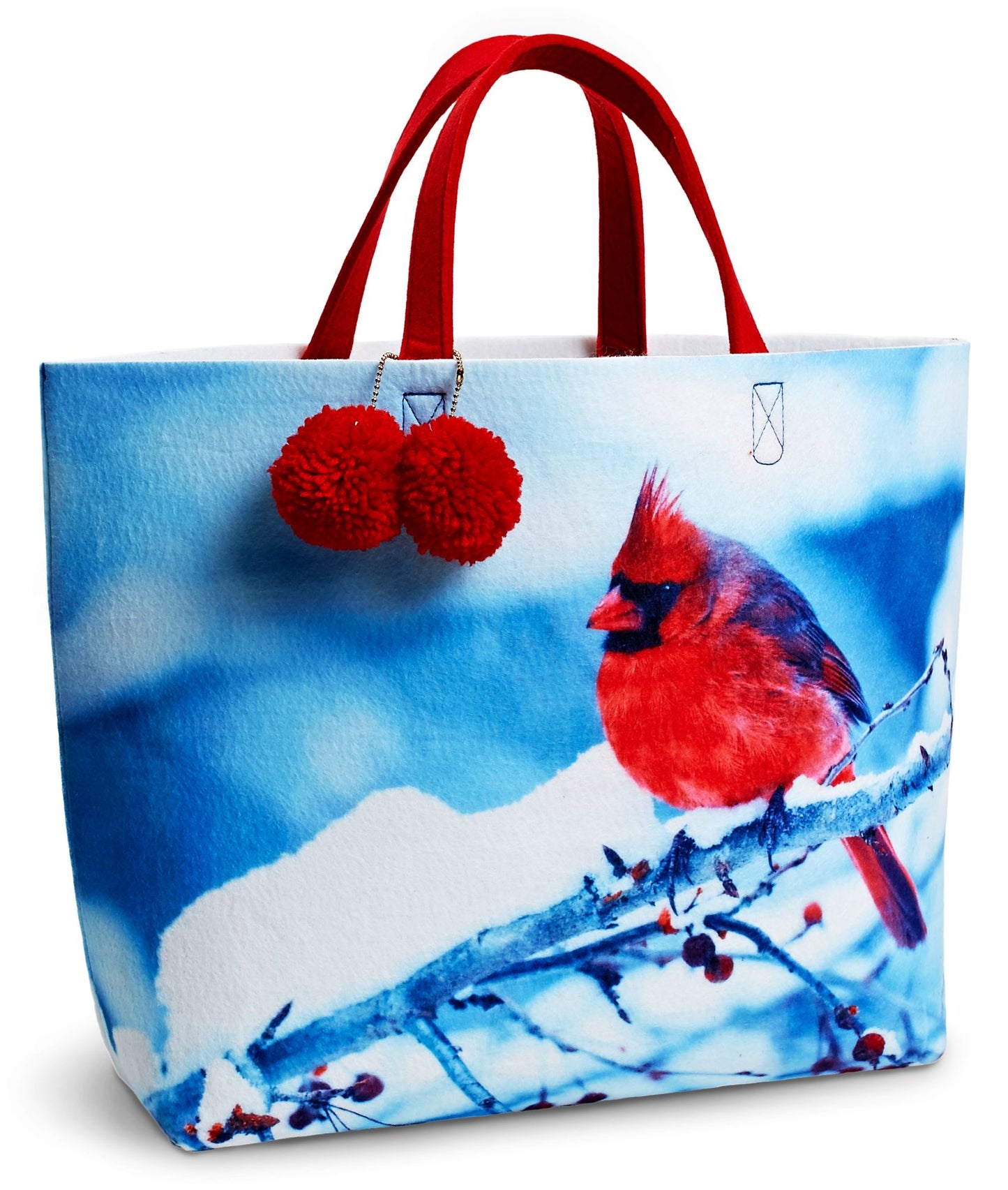 Snowy Days Red Cardinal Felt Tote with Pom Poms (15"X5.625"X14")