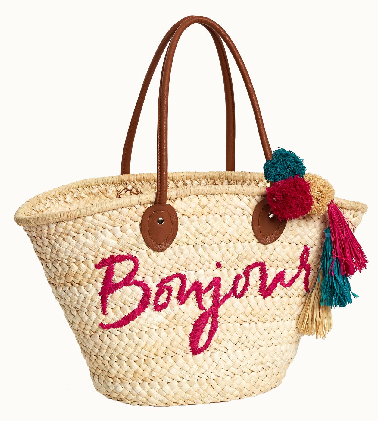Summer Dreams ''Bon Jour'' Raffia Tote w/ Leather Handles Bon Jour ( 21.5''x12''x11'')