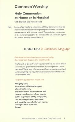 Common Worship: Holy Communion at Home or in Hospital Order One in Traditional Language Card