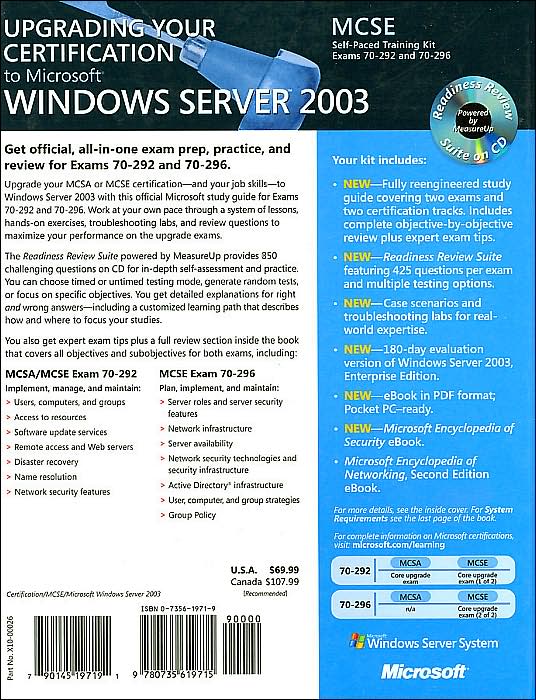 MCSA/MCSE Self-Paced Training Kit (Exam 70-292 and 70-296): Upgrading Your Certification to MS Windows Server 2003 (MCSA/MCSE Self-Paced Training Kit Series)