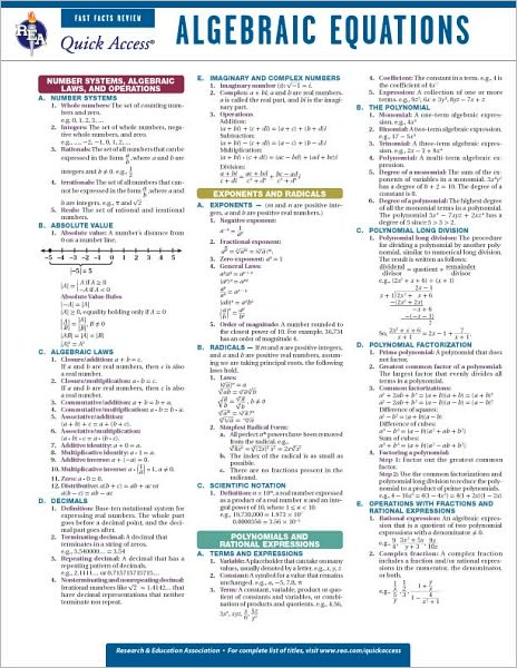 Algebraic Equations - REA's Quick Access Reference Chart