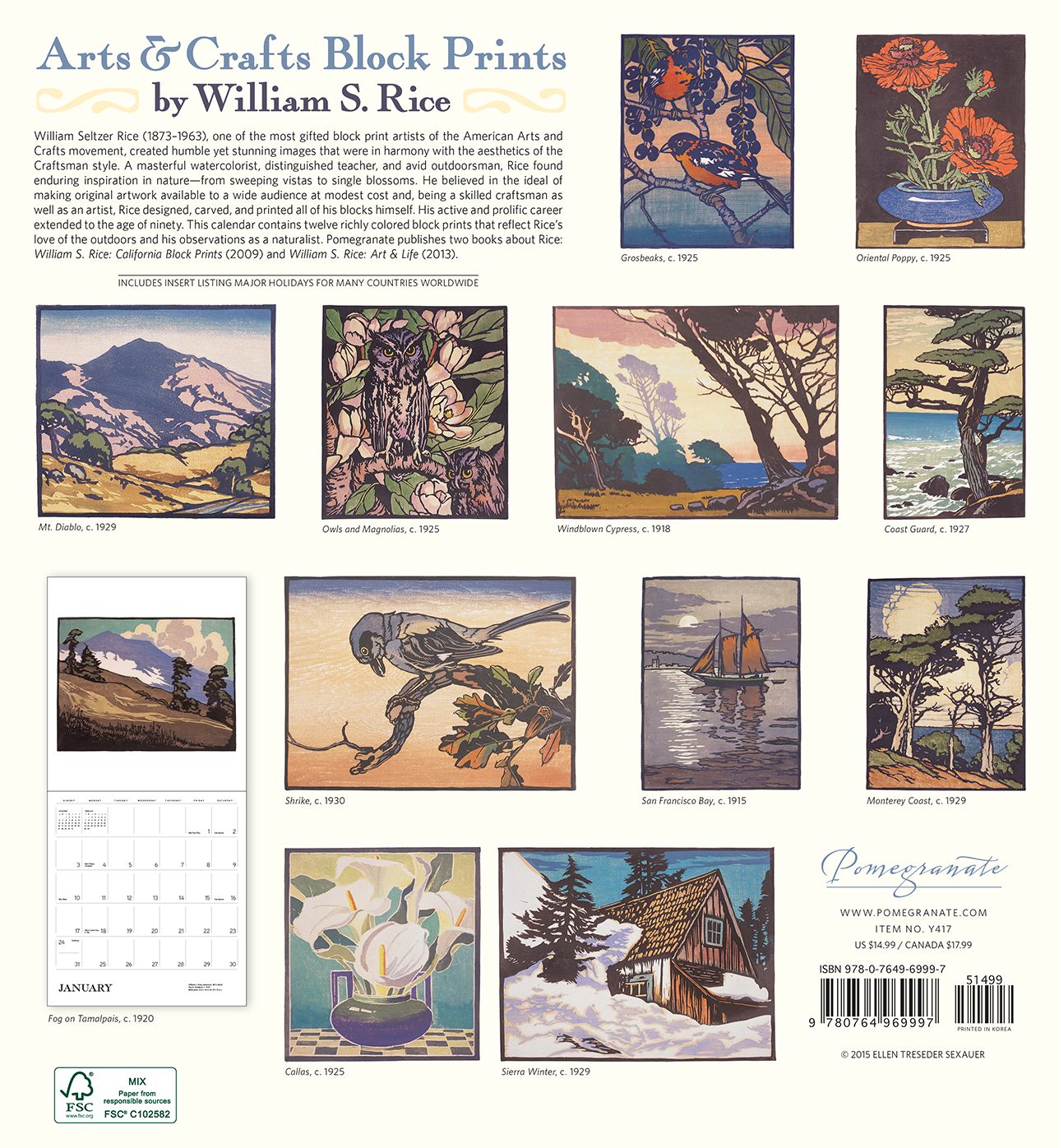2016 Rice Arts & Crafts Prints Wall Calendar