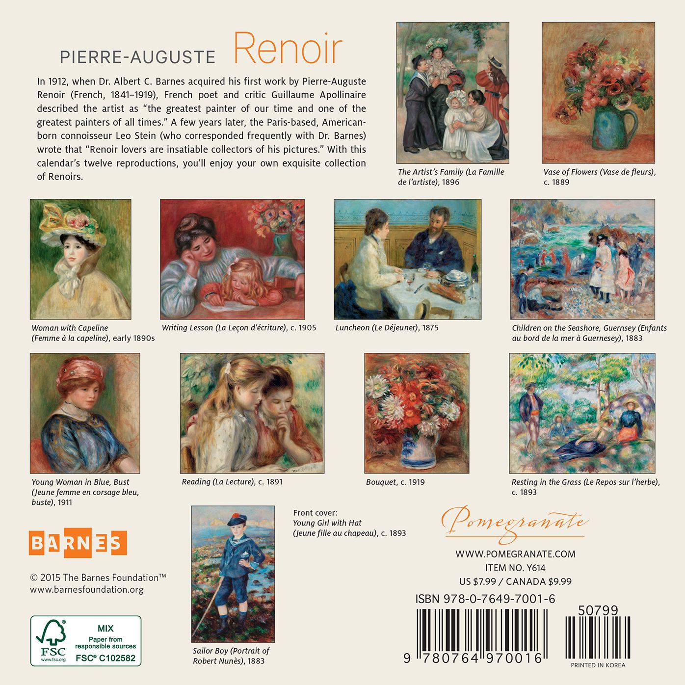 2016 Pierre-Aguste Renoir Mini Wall Calendar