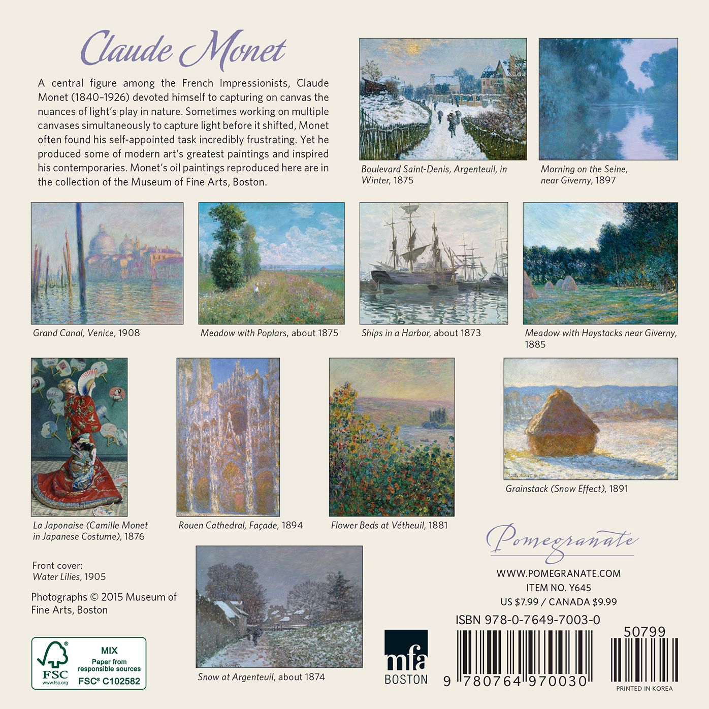 2016 Claude Monet Mini Wall Calendar