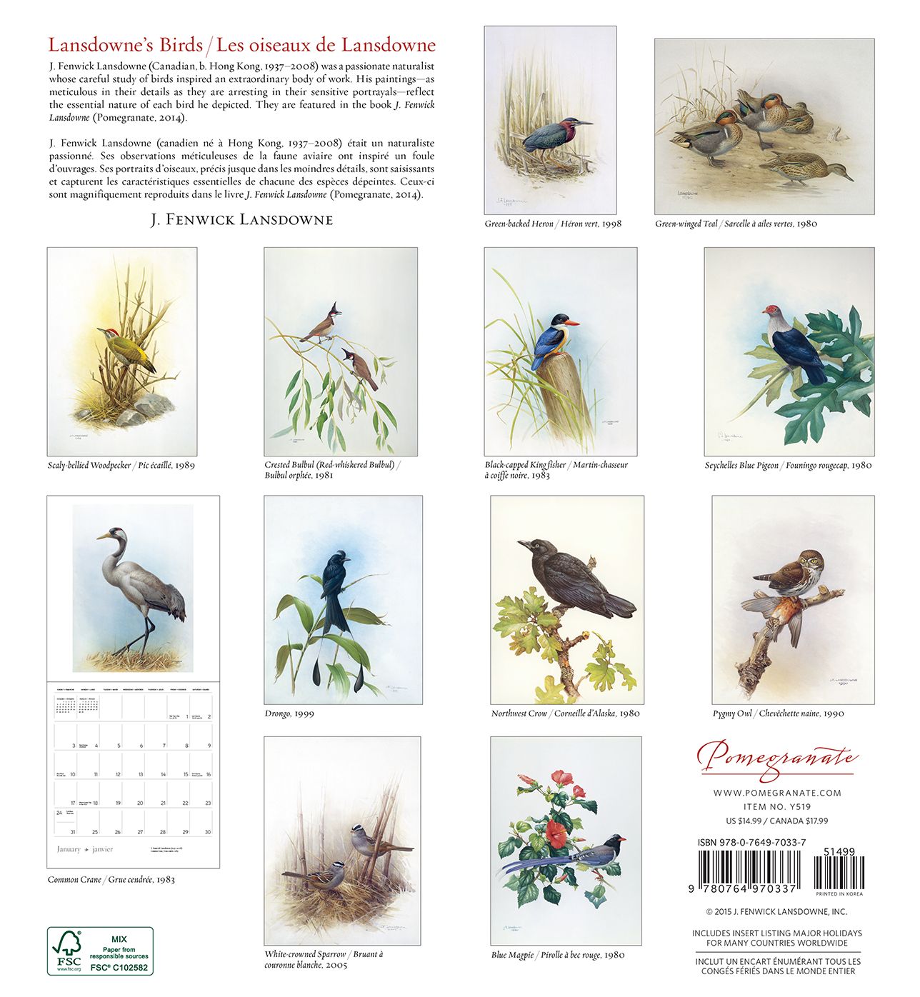 2016 Lansdownes Bird Wall Calendar