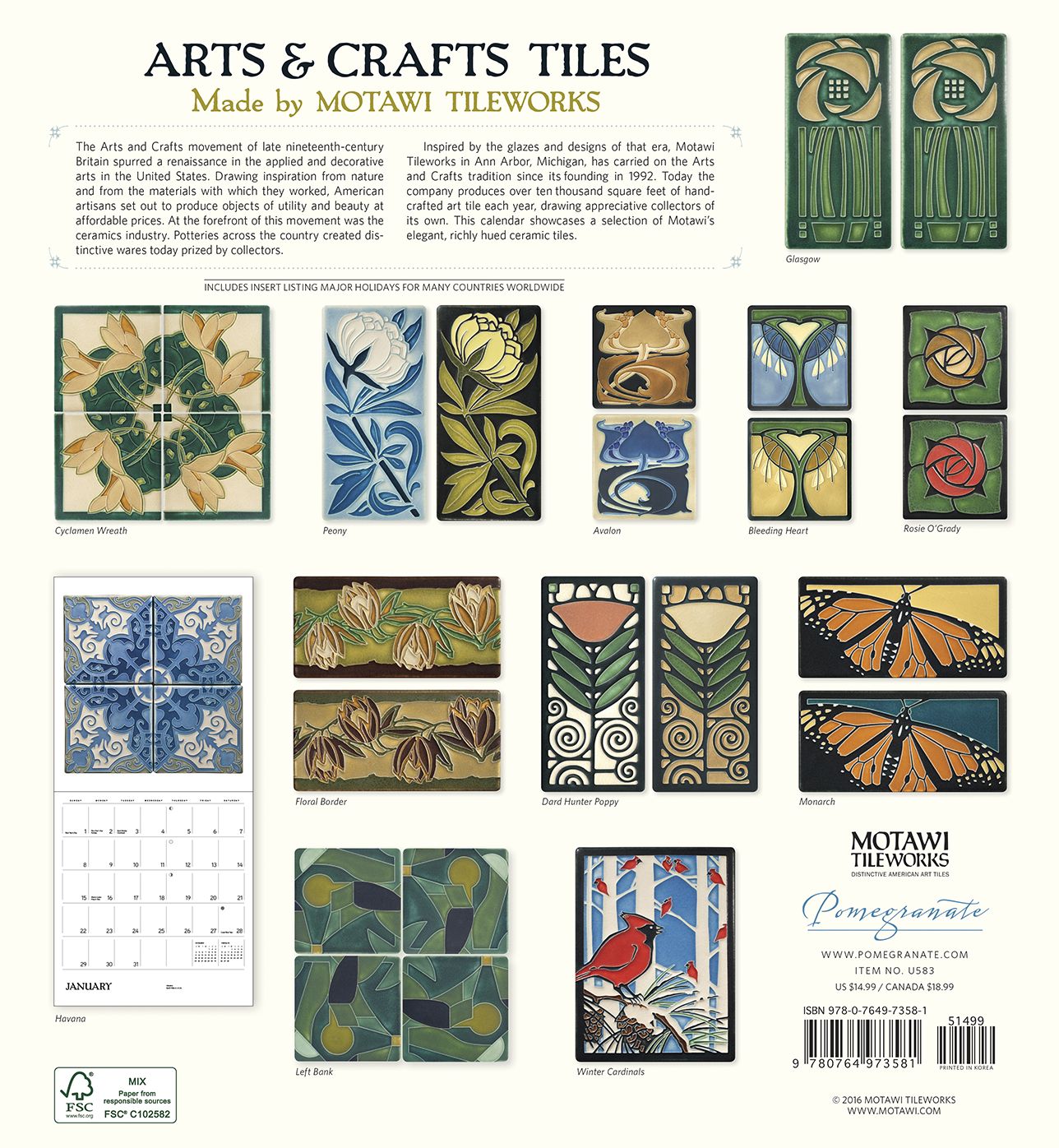 2017 Arts & Crafts Tiles Wall Calendar