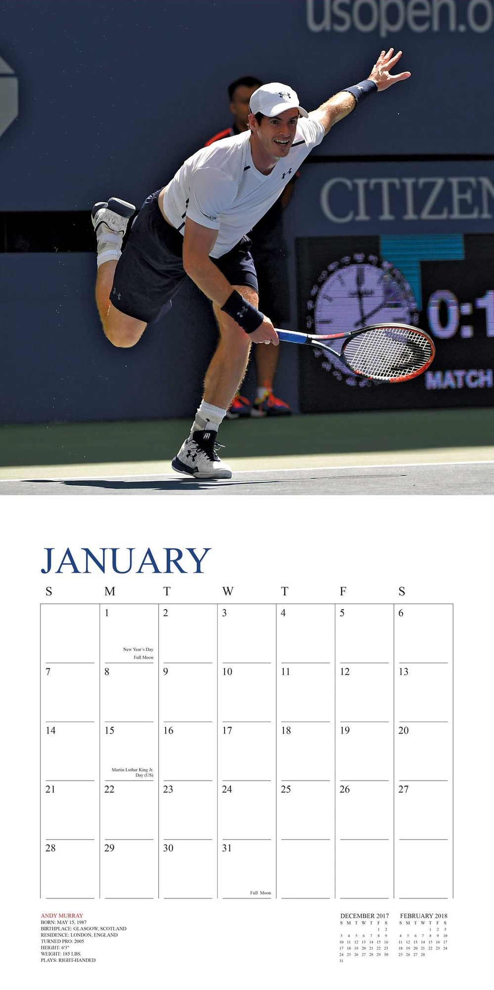 2018 Tennis The U.S. Open Wall Calendar