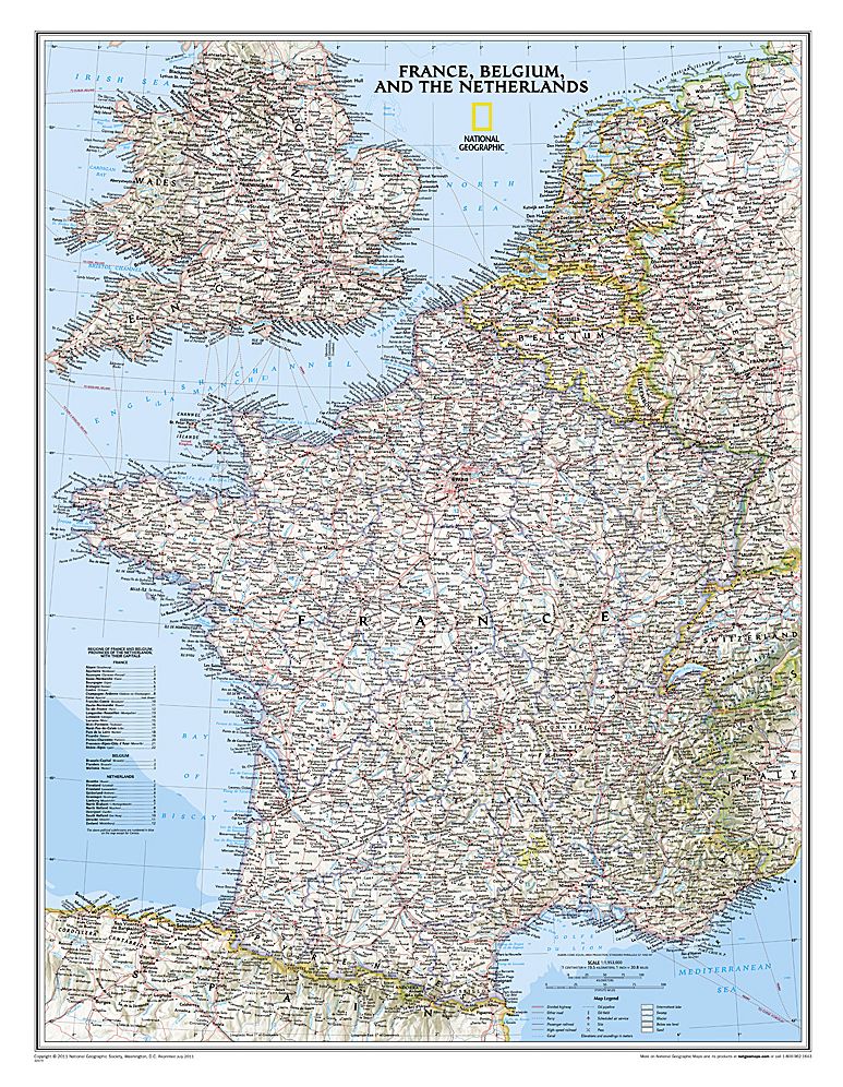 National Geographic: France, Belgium, and the Netherlands Classic Wall Map - Laminated (23.5 X 30.25 Inches)
