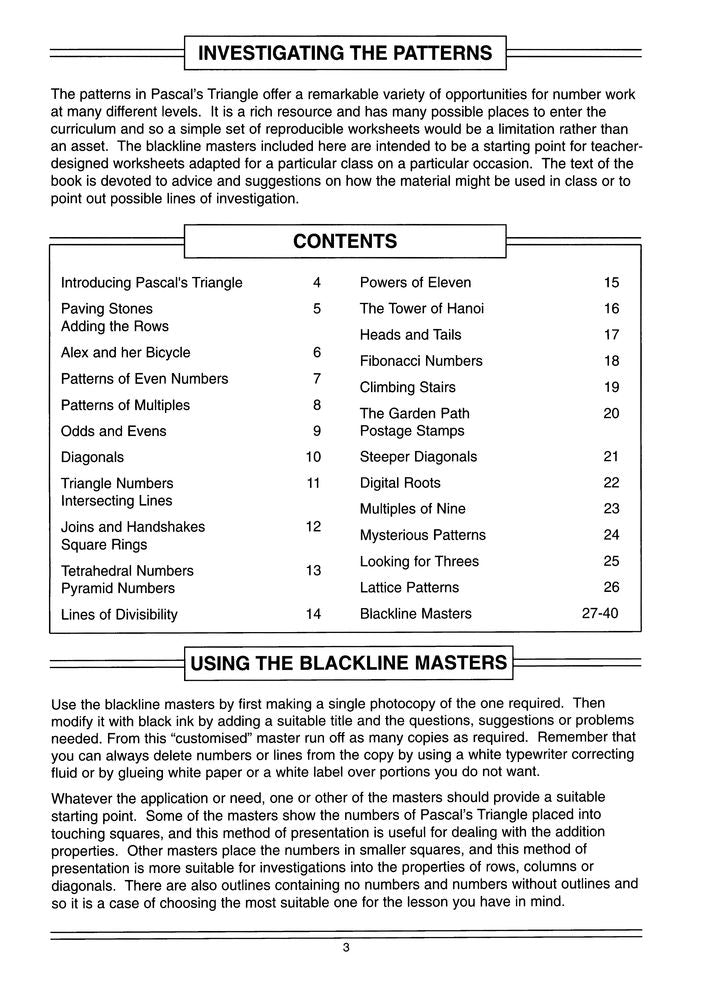 Pascals Triangle: A teacher's guide with blackline masters