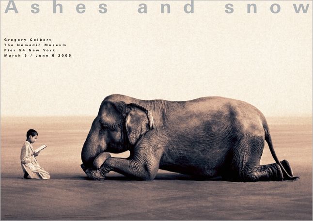 Boy reading to elephant: New York exhibition (giant poster)