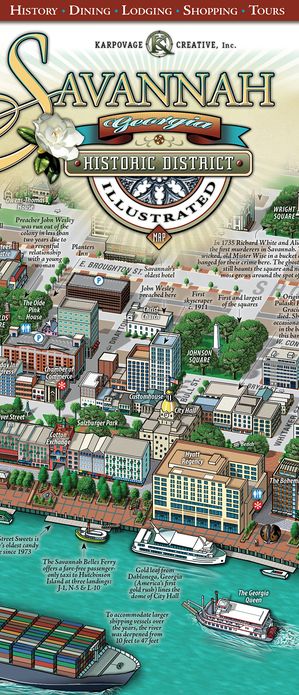 Savannah Historic District Illustrated Map: Birds-Eye-view 3D Pictorial Map
