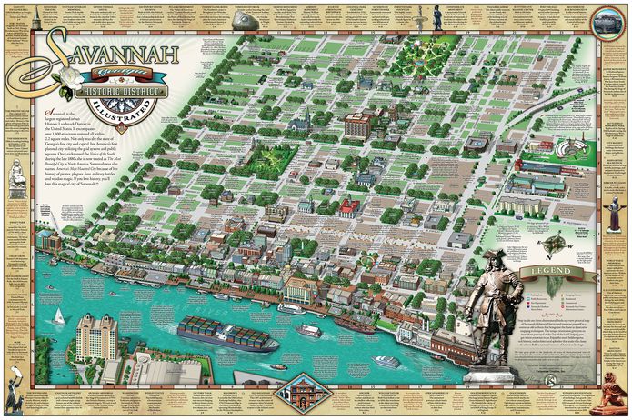 Savannah Historic District Illustrated Map: Birds-Eye-view 3D Pictorial Map