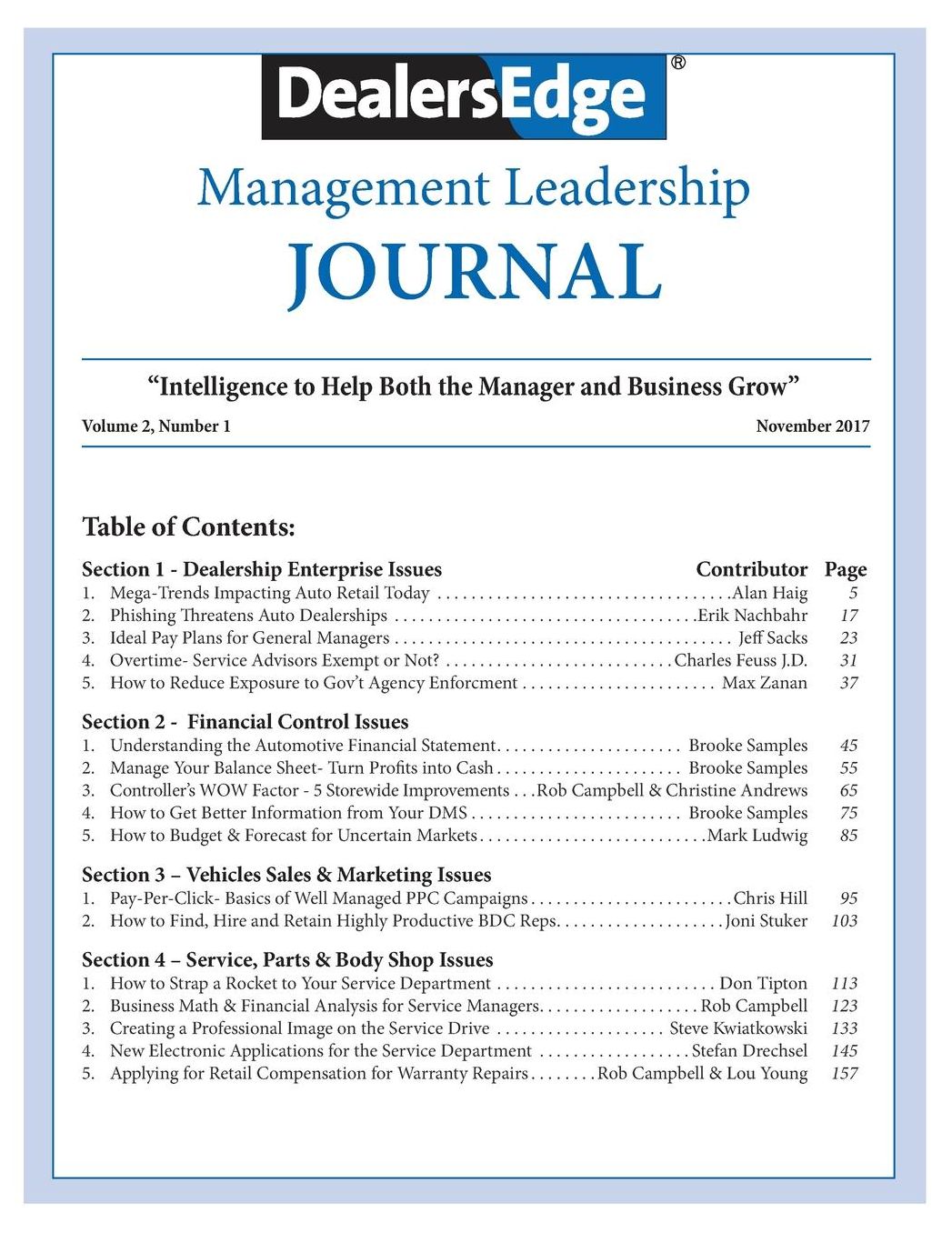DealersEdge Management Leadership Journal: Volume 2, Number 1 November 2017