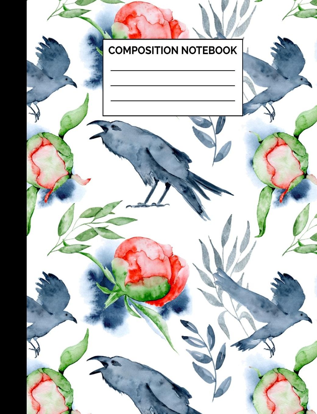 Composition Notebook: Crow & Peony Flowers Wide Ruled Lined Note Book - Pretty, Modern, Bohemian Chic Bird Journal with Lines for Kids, Teens, Students or Teachers to Write In at School, Work, Home, Office - 100 Lined Pages / 50 Sheets - Size 7.44 x 9.69