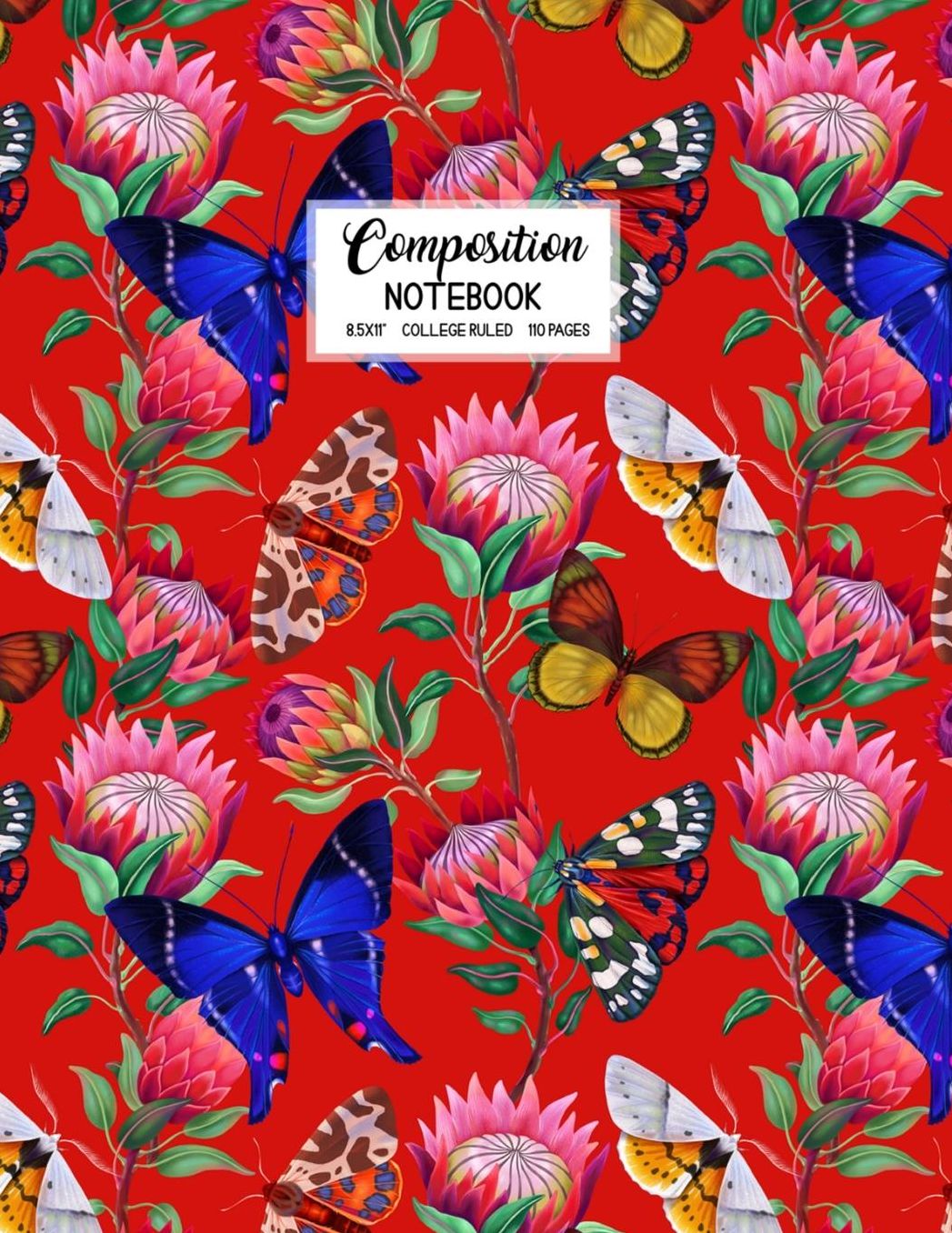 Composition Notebook: Blank Lined College Ruled School Journal Back to School Workbook Diary Cute Trendy Red Flower Butterfly Design