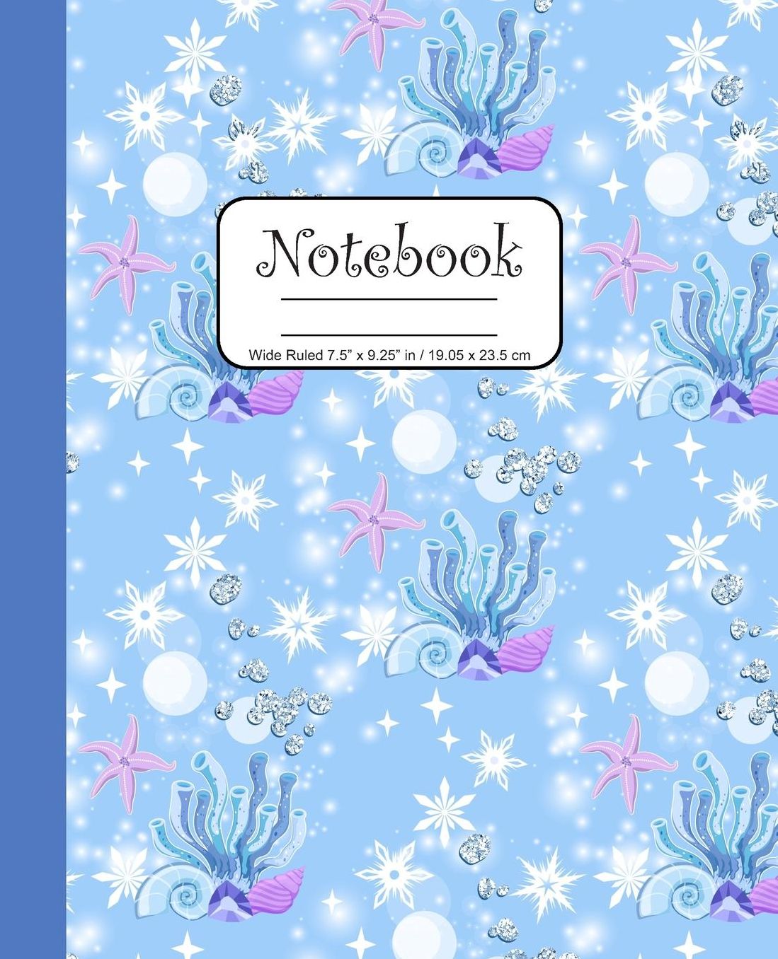 Notebook Wide Ruled 7.5 x 9.25 in / 19.05 x 23.5 cm: Composition Book, Blue and Purple Under The Sea Cover with Seashells, C756