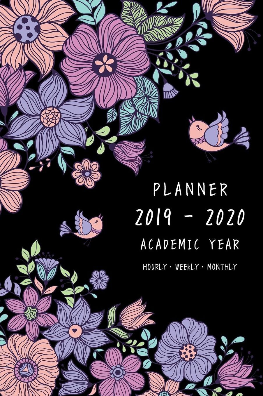 Planner 2019-2020 Academic Year: 6x9 Weekly Monthly Notebook Organizer Medium with Hourly Time Slots Vintage Flower Bird Design Black