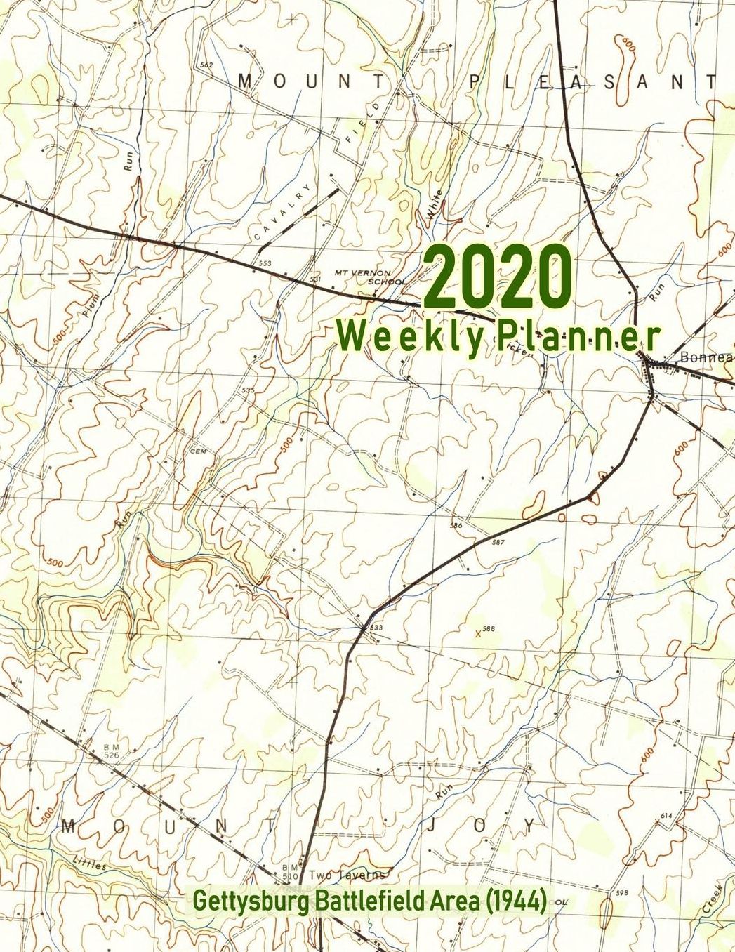 2020 Weekly Planner: Gettysburg Battlefield Area (1944): Vintage Topo Map Cover