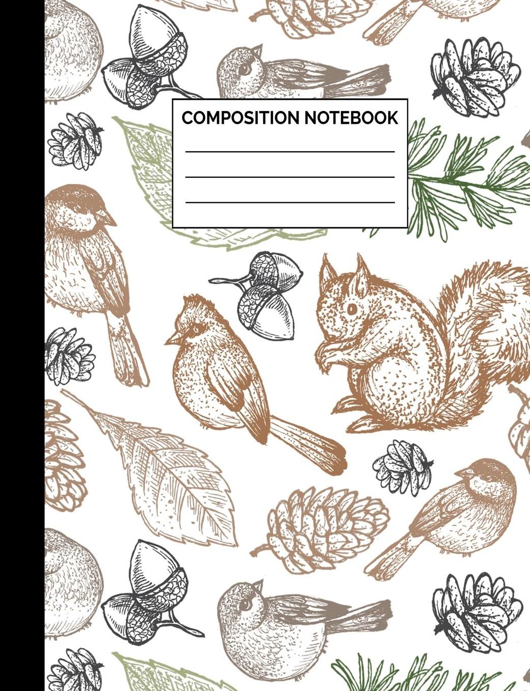 Composition Notebook: Squirrel, Bird & Acorn Nut Pattern Wide Ruled Lined Note Book - Cute Nature Themed Journal or with Lines for Kids, Teens, Students or Teachers to Write In at School, Work, Home, Office - 100 Lined Pages / 50 Sheets - Size 7.44 x 9.69