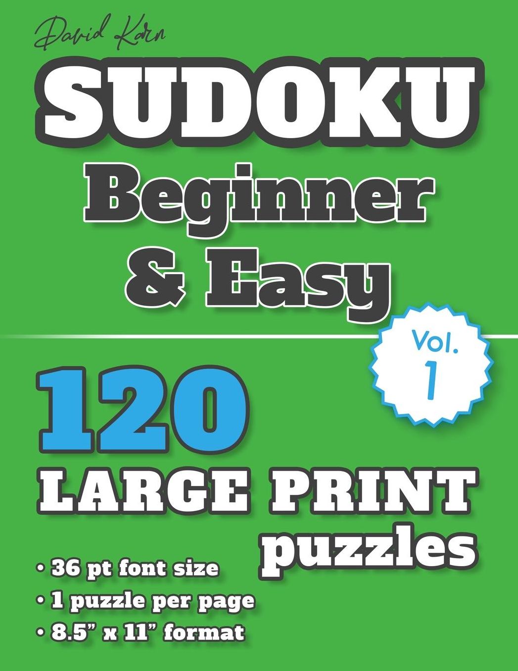 David Karn Sudoku - Beginner & Easy Vol 1: 120 Puzzles, Large Print, 36 pt font size, 1 puzzle per page