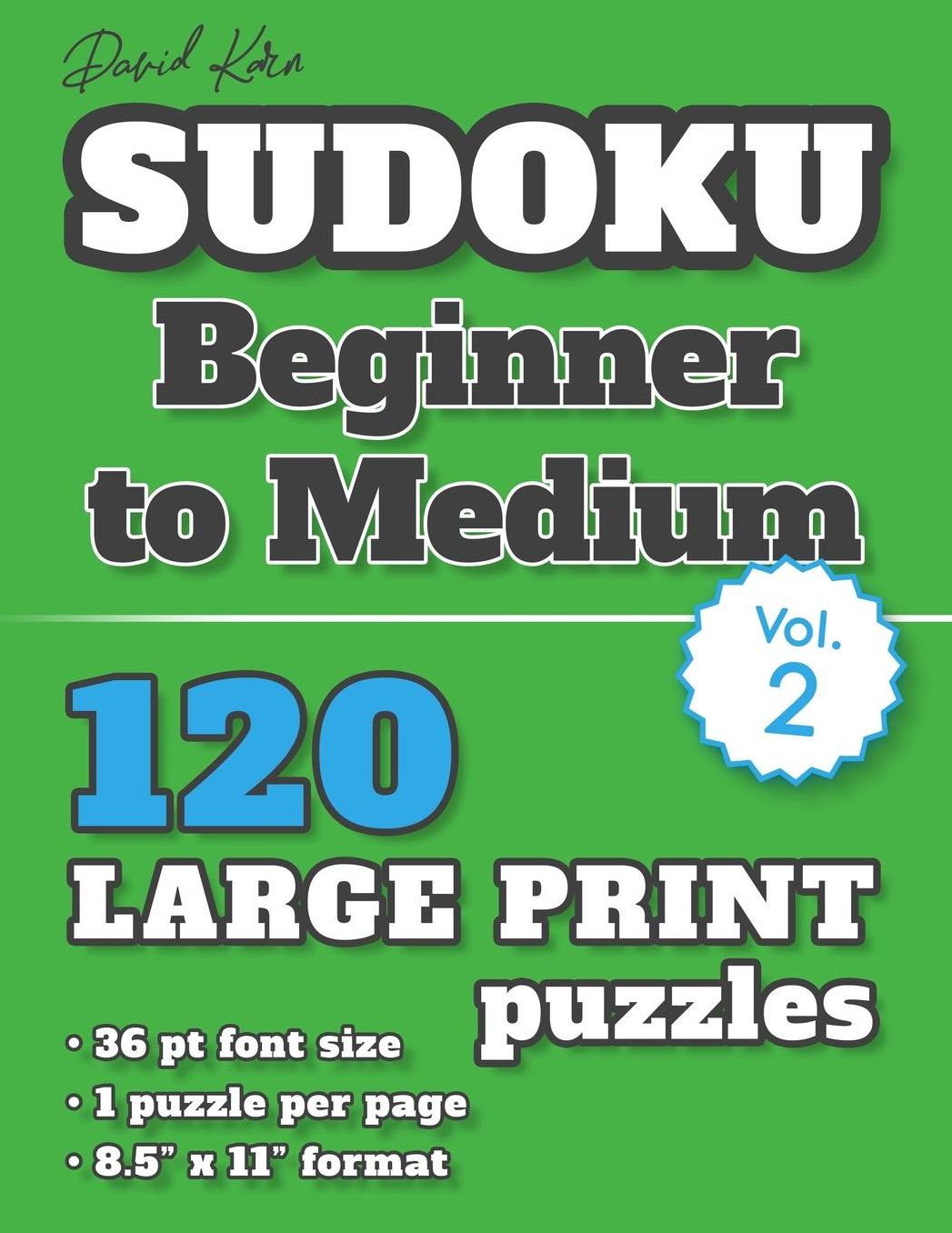 David Karn Sudoku - Beginner to Medium Vol 2: 120 Puzzles, Large Print, 36 pt font size, 1 puzzle per page