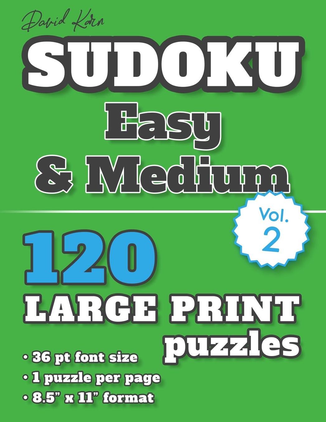 David Karn Sudoku - Easy & Medium Vol 2: 120 Puzzles, Large Print, 36 pt font size, 1 puzzle per page