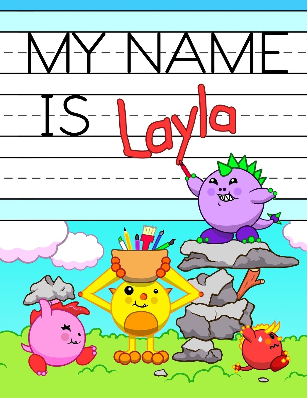 My Name is Layla: Fun Dinosaur Monsters Themed Personalized Primary Name Tracing Workbook for Kids Learning How to Write Their First Name, Practice Paper with 1" Ruling Designed for Children in Preschool and Kindergarten