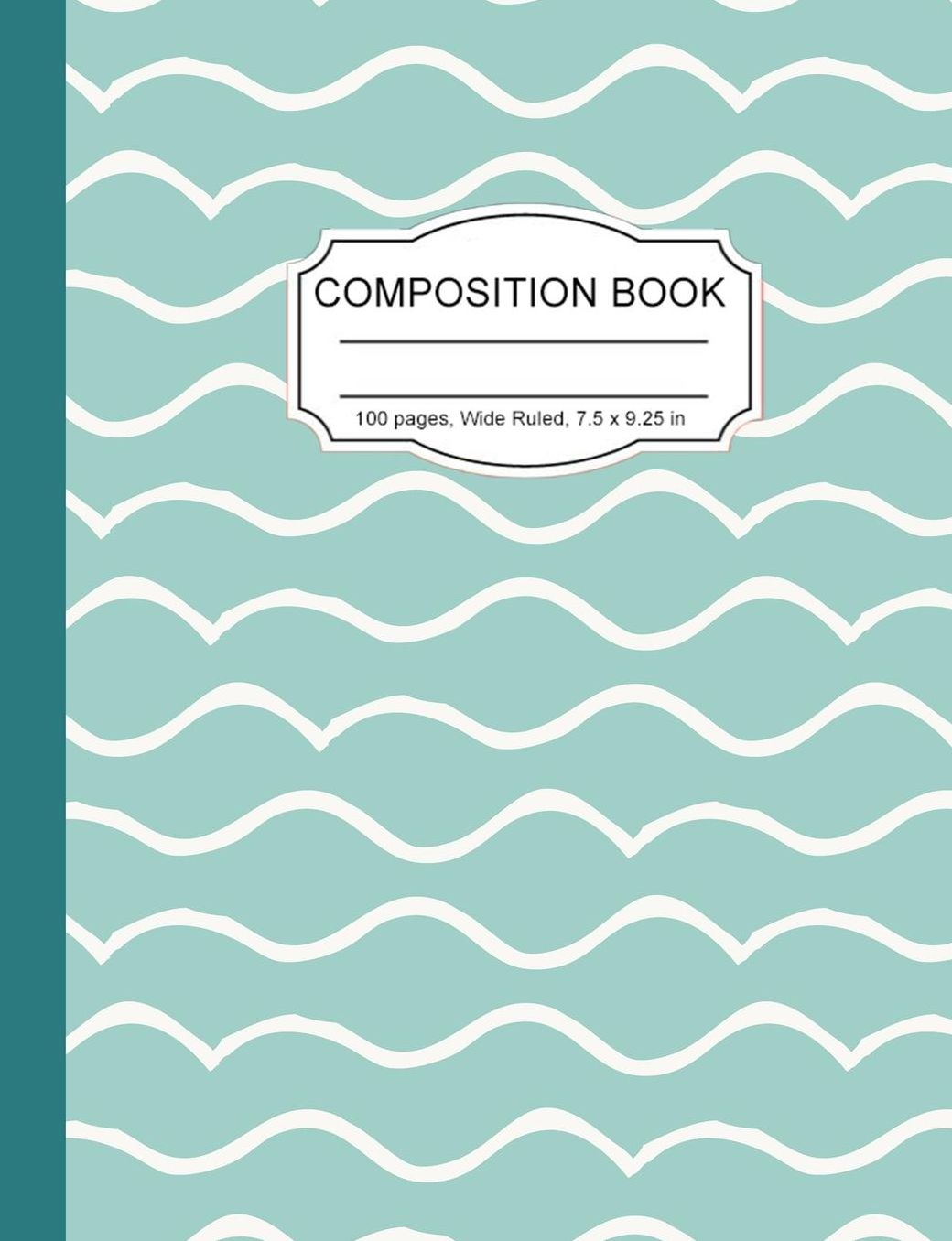 Composition Book: Green Waves Abstract Blue Green Wide Ruled Paper Lined Notebook Journal for Women Homeschool Office Teacher 7.5 x 9.25 in 100 Pages