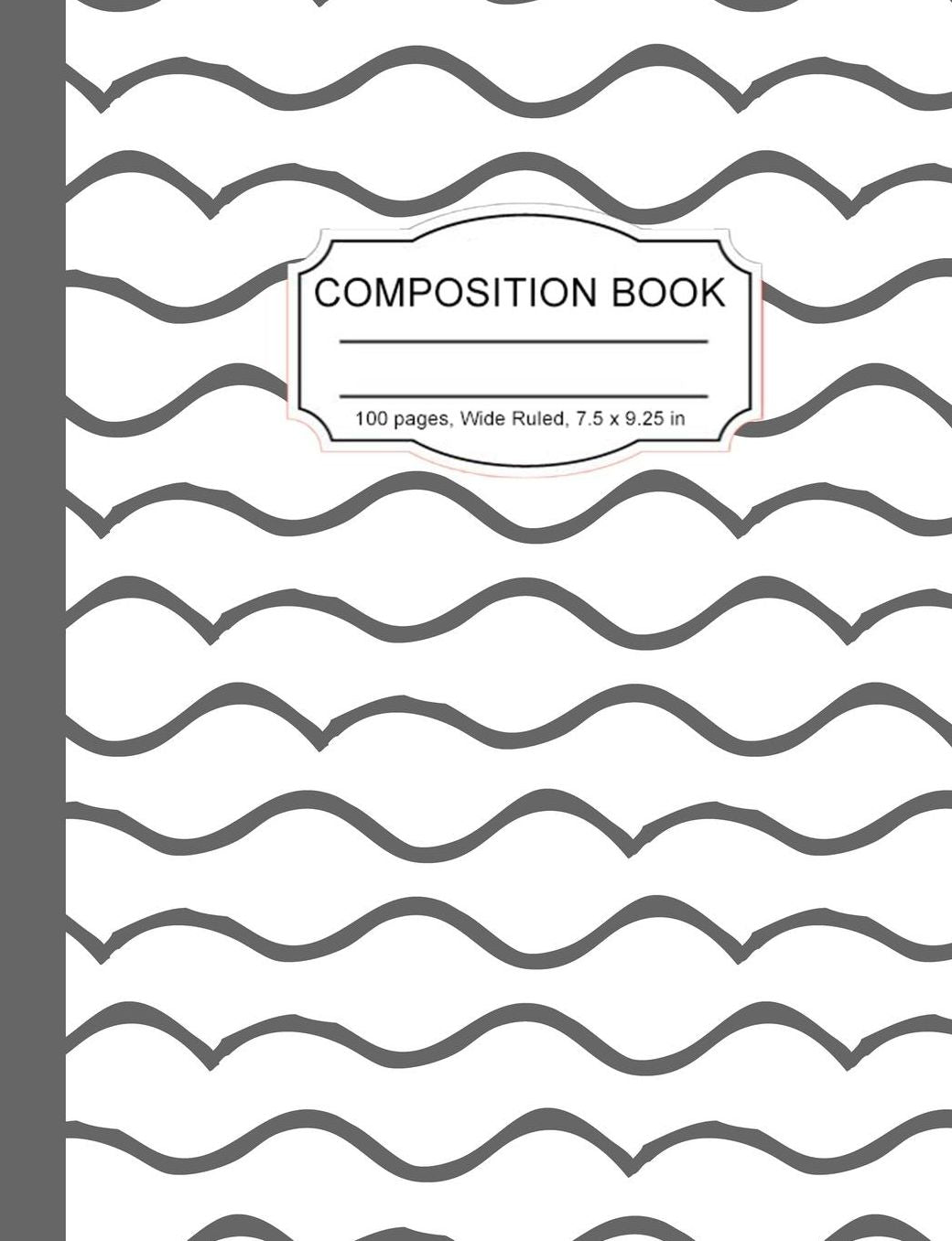 Composition Book: Gray White Waves Abstract Wide Ruled Paper Lined Notebook Journal for Women Homeschool Office Teacher 7.5 x 9.25 in 100 Pages
