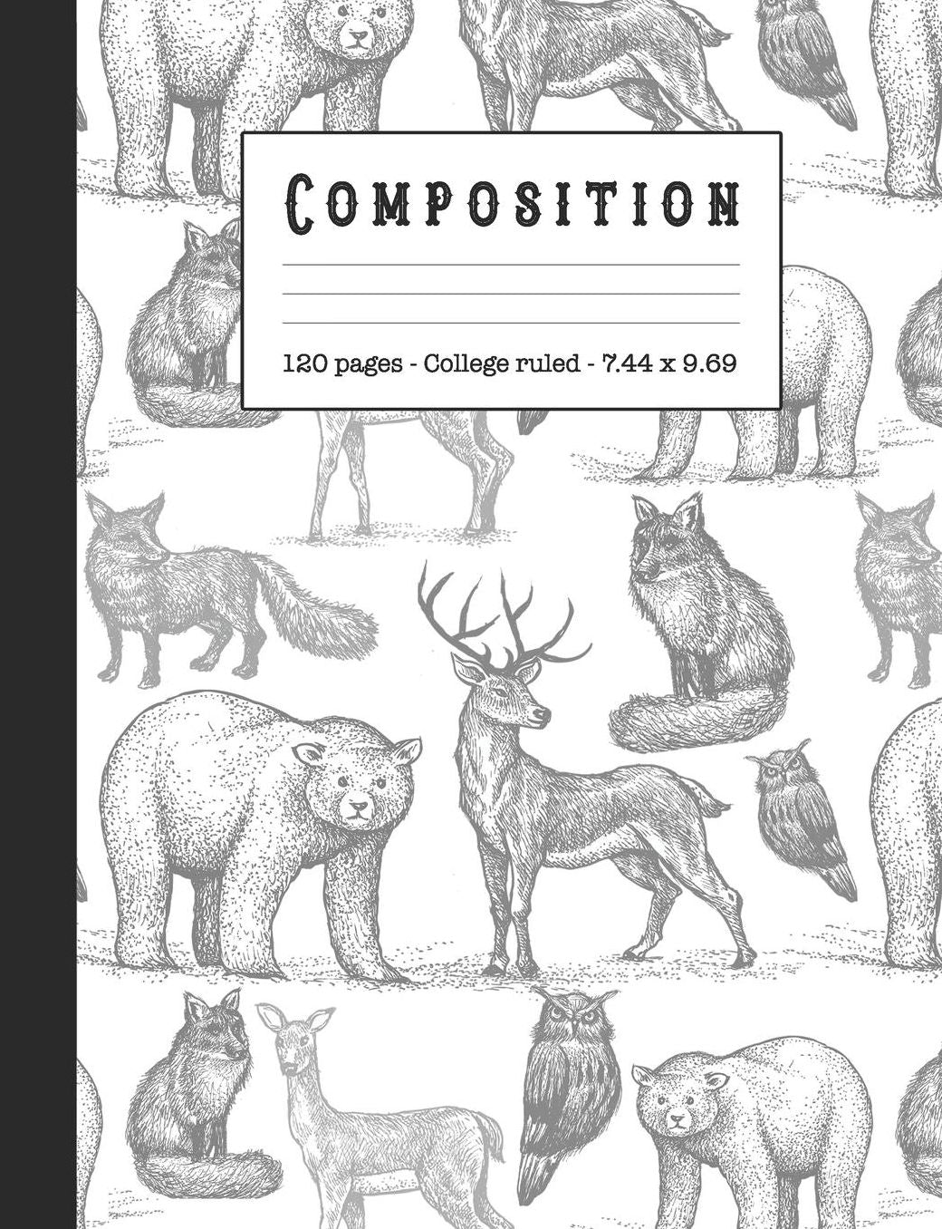 Composition: Wide ruled education composition notebook for school and college students and teachers - Black and white fox, bear and deer nature animals cover art design