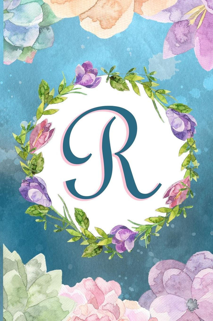R: Watercolor Monogram Handwritten Initial R with Vintage Retro Floral Wreath Elements - College Ruled Lined Writing Journal, Notebook, Composition Book, Inspirational Journal or Diary 6x9'' 120 pages