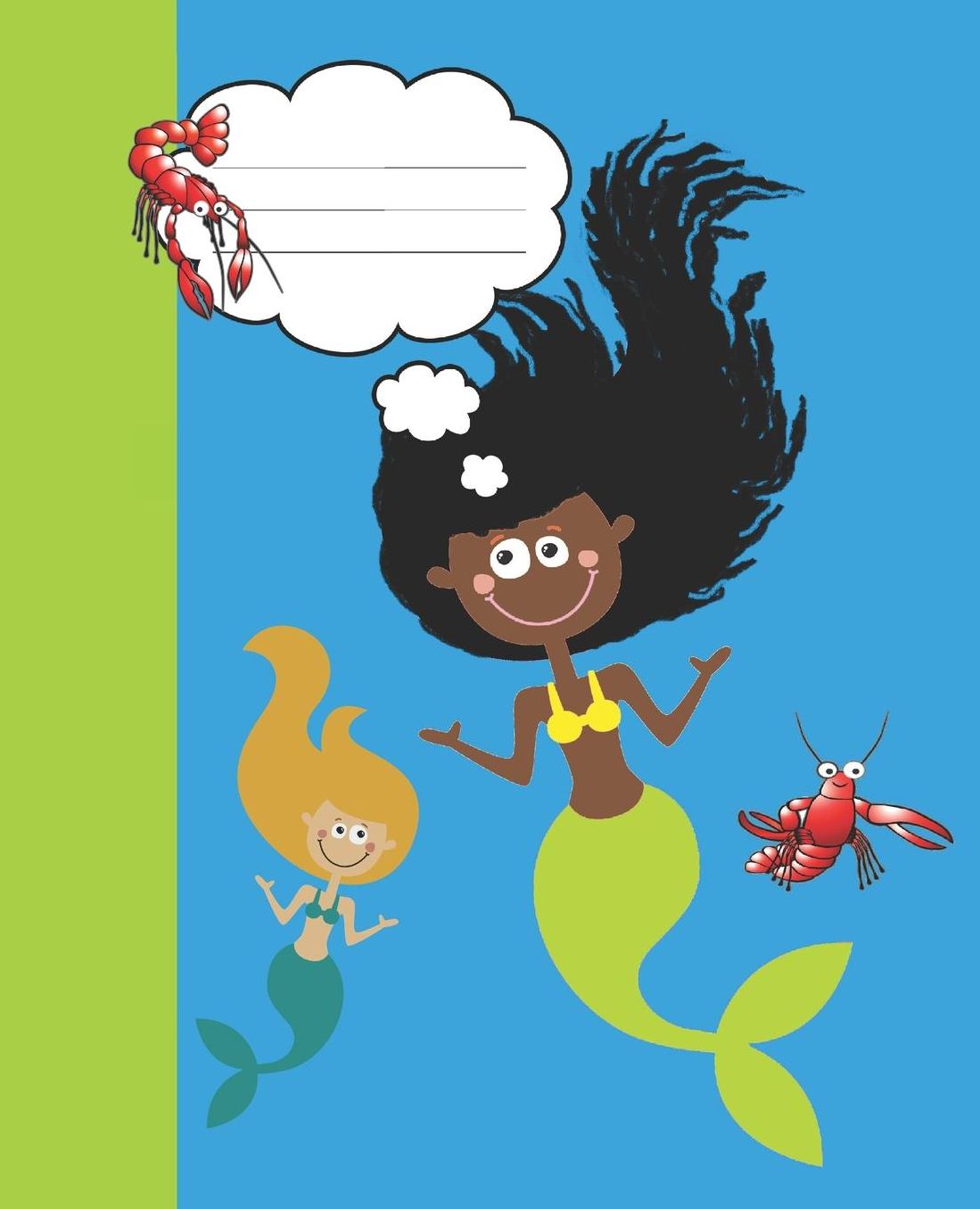 Black Girl Green Tail Mermaid Cute Girly Writing Journal Modern Mermaid lovers Book: Back To School Blank Composition Wide-lined Ruled Paper Notebook