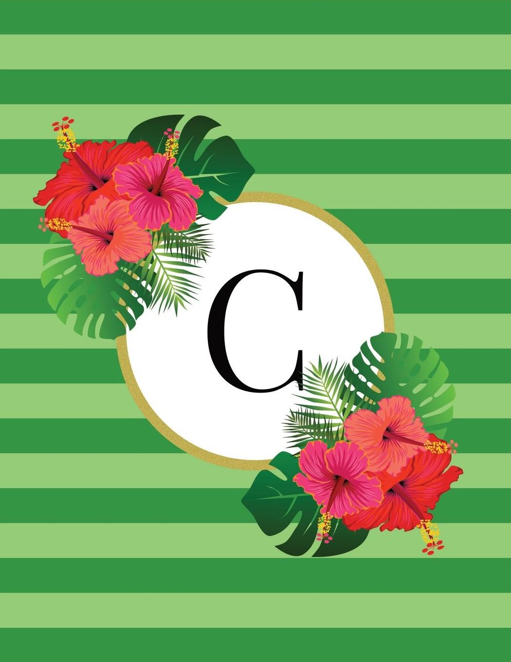 Green Striped Tropical Floral Monogram Journal with Letter C