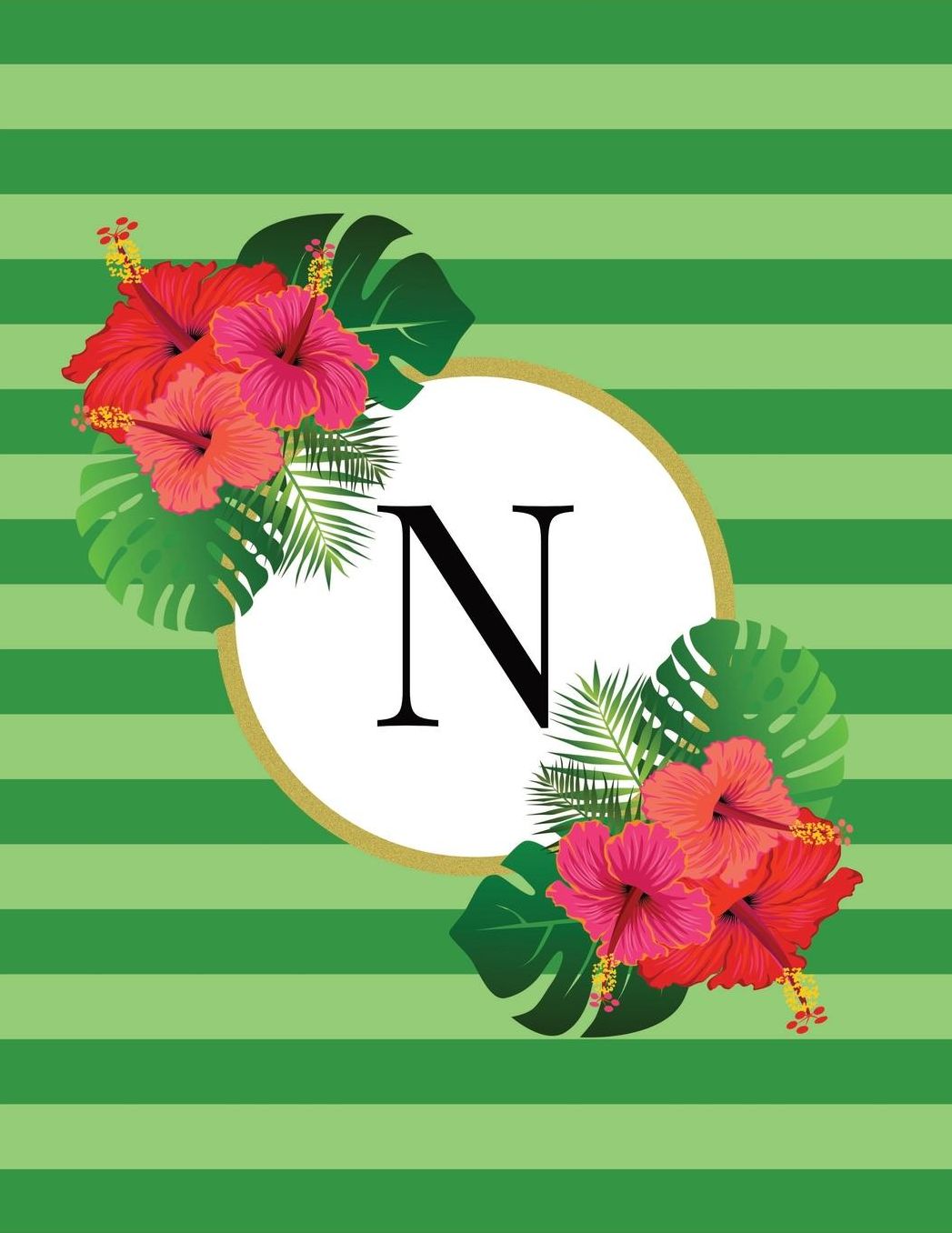Green Striped Tropical Floral Monogram Journal with Letter N