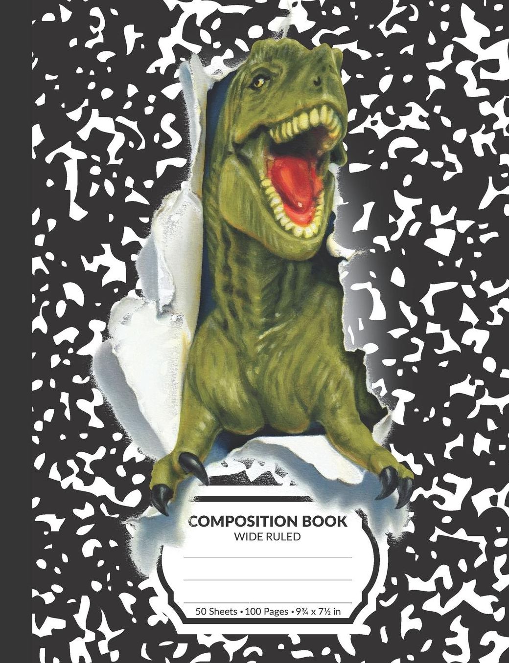 Composition Book: Black T-Rex Dinosaur Marble Pattern School Notebook 100 Wide Ruled Blank Lined Writing Exercise Journal For Boys and Girls Back To School Gift For Students