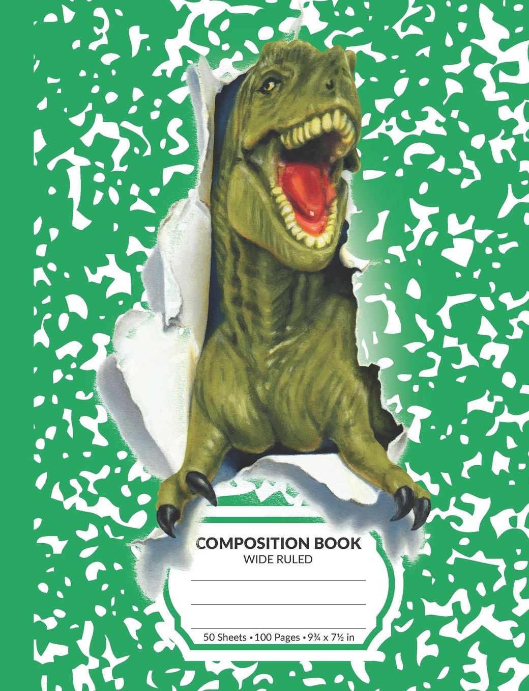 Composition Book: Green T-Rex Dinosaur Marble Pattern School Notebook 100 Wide Ruled Blank Lined Writing Exercise Journal For Boys and Girls Back To School Gift For Students