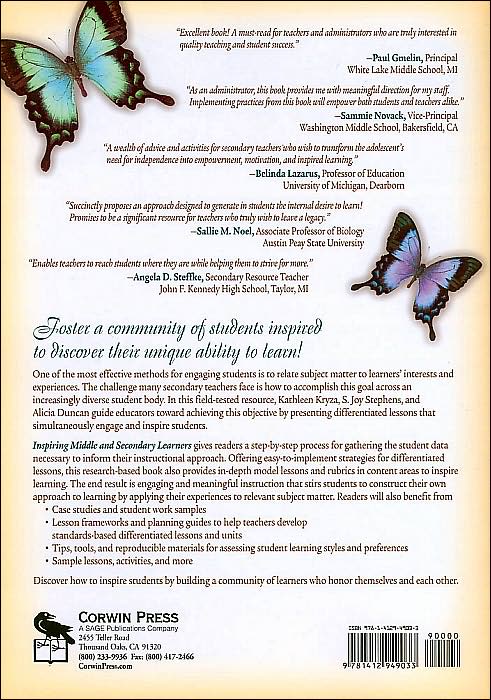 Inspiring Middle and Secondary Learners: Honoring Differences and Creating Community Through Differentiating Instructional Practices