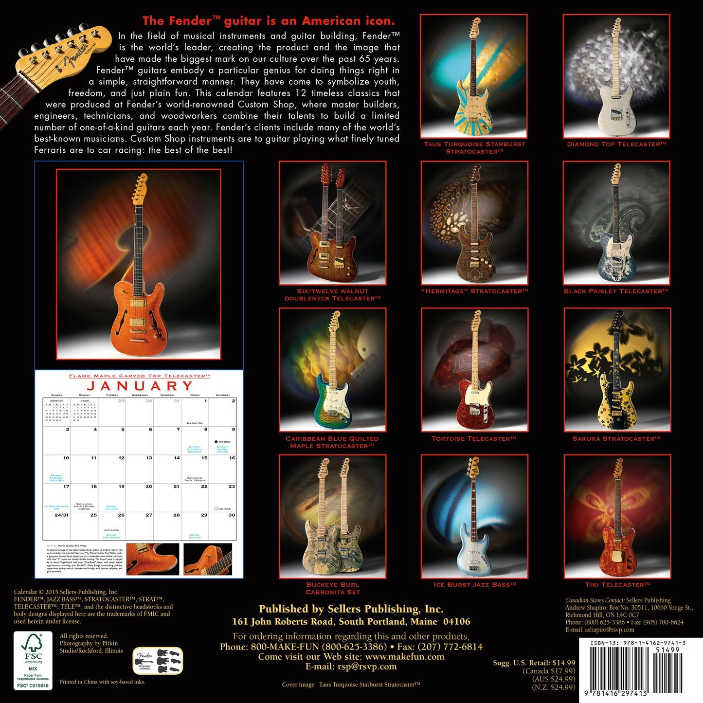 2016 Fender Custom Shop Guitars Wall Calendar
