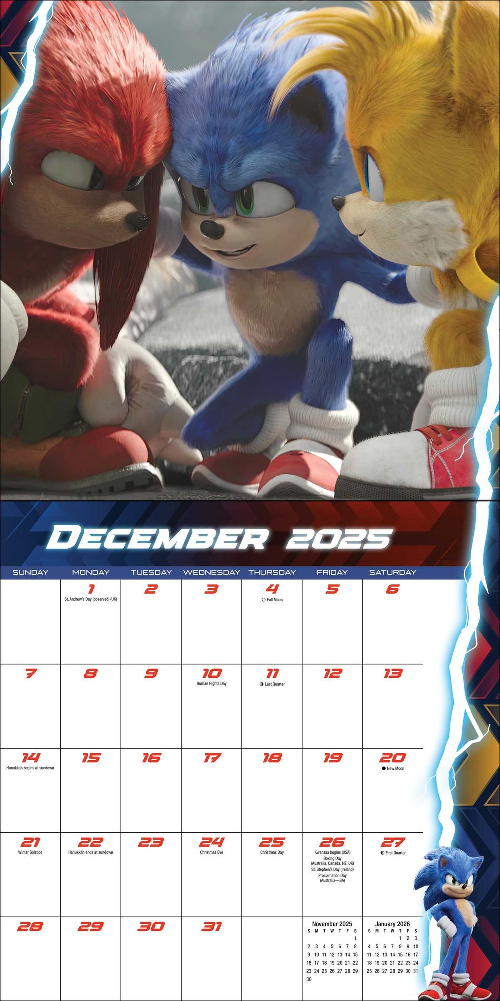 Sonic the Hedgehog 3 Movie Tie-in 2025 Wall Calendar