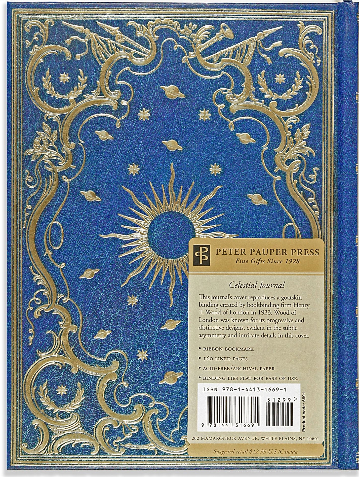 Celestial Blue and Gold Embossed Paper Bound Journal (6" x 8")