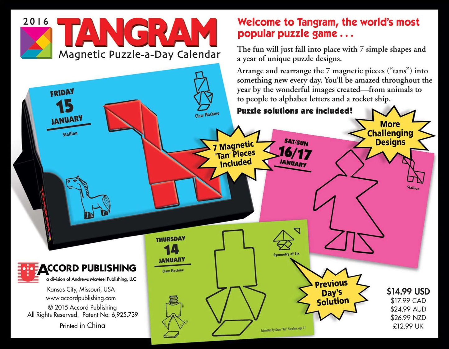 2016 Tangram Magnetic Puzzle-a-Day Calendar