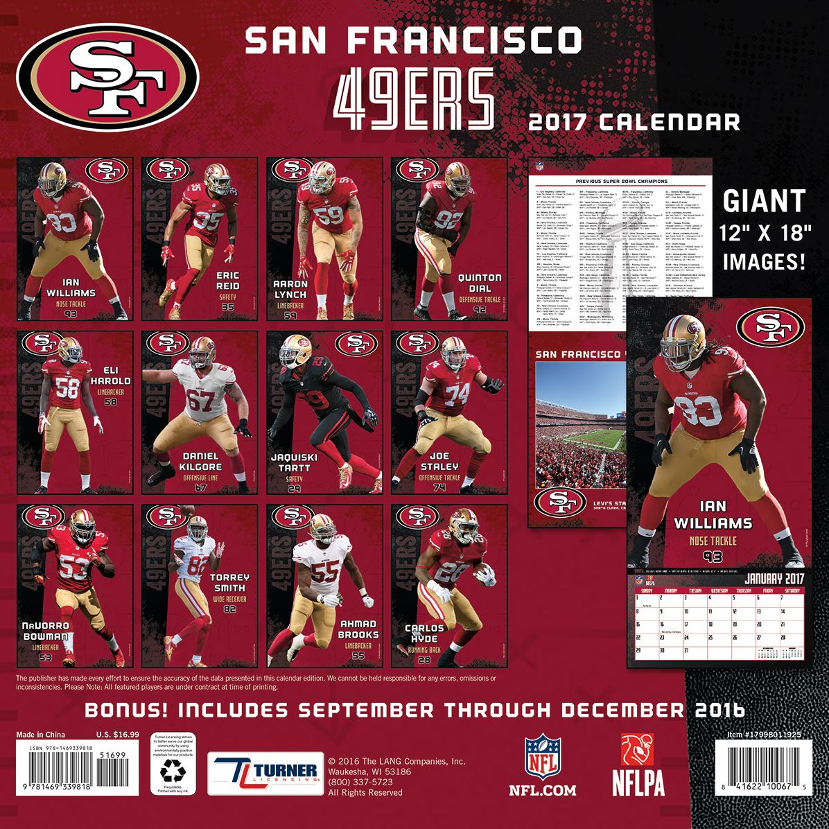 2017 12X12 Team Wall Calendar San Francisco 49Ers