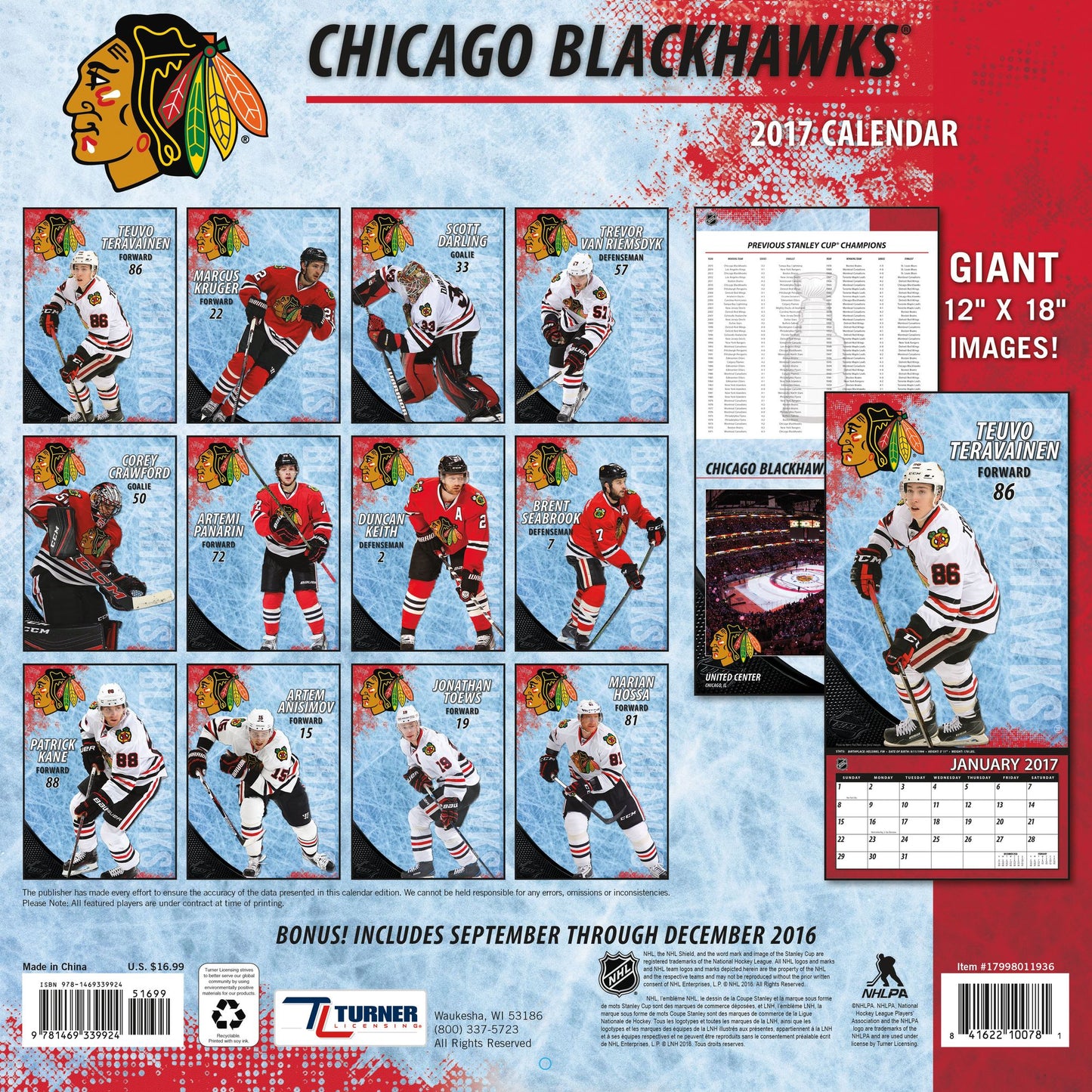 2017 12X12 Team Wall Calendar Chicago Blackhawks