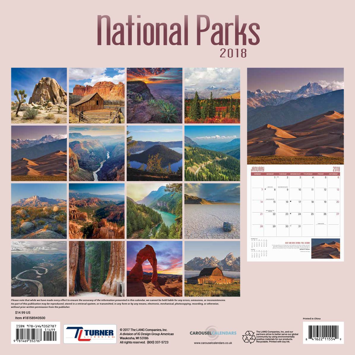 2018 NATIONAL PARKS 16 MONTH WALL CALENDAR