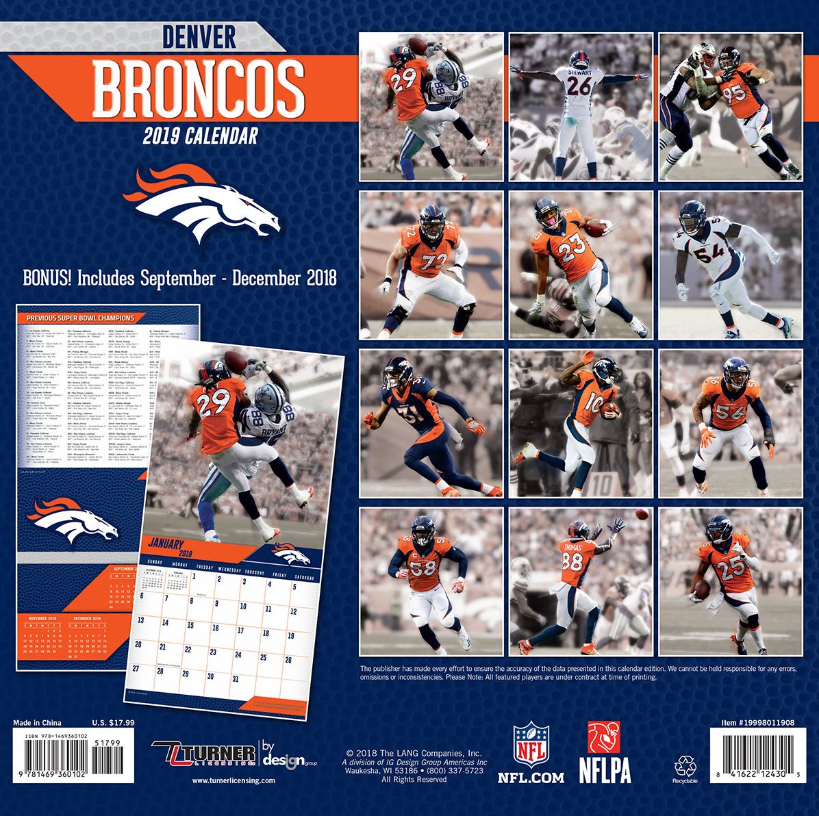 Denver Broncos 2019 12x12 Team Wall Calendar