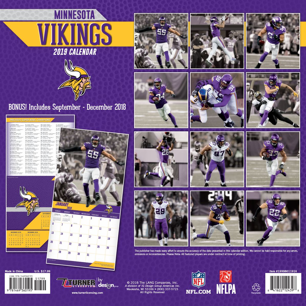 Minnesota Vikings 2019 12x12 Team Wall Calendar